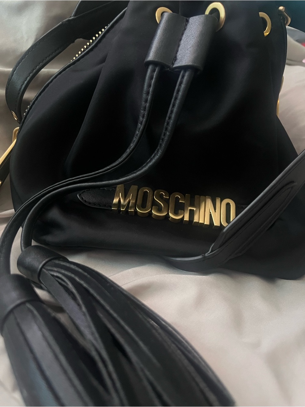 Moschino Black Bucket Shoulder Bag with Gold Logo